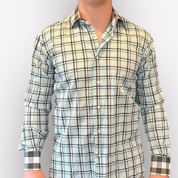 ETRO plaid button down shirt mint green gray contrast cuffs and collar cotton 38 - Picture 1 of 7